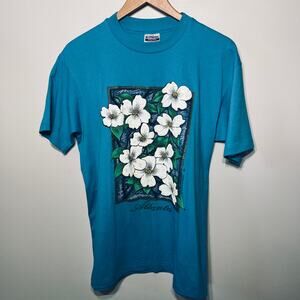 Hanes VTG 90s T Shirt Fifty Fifty Teal Floral  1991 Southern Silk Screen L